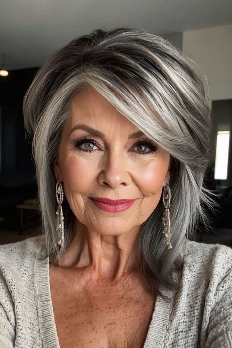 Medium Length Layered Hair Styles Over 50 Older Women, Hoda Kotb Hairstyles, Grey Black Hair Color, Over 40 Medium Length Hairstyles, Hairstyles 60 Year Old Women, Grey Hair Inspiration Older Women, Hairstyles For 2024 Women, Hair Color For Older Women Over 50, Hair Color For Women Over 60