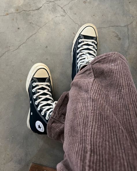 Shoes, converse, chuck taylor, corduroy pants, brown pants, high top converse Corduroy Converse, Converse 70s Outfit Men High, Converse Chuck Taylor 70s Low Outfit Men, Style Converse 70s Men, Brown Chuck 70, Converse Shoes Outfit, Converse Star, Brown Pants, Converse High Tops