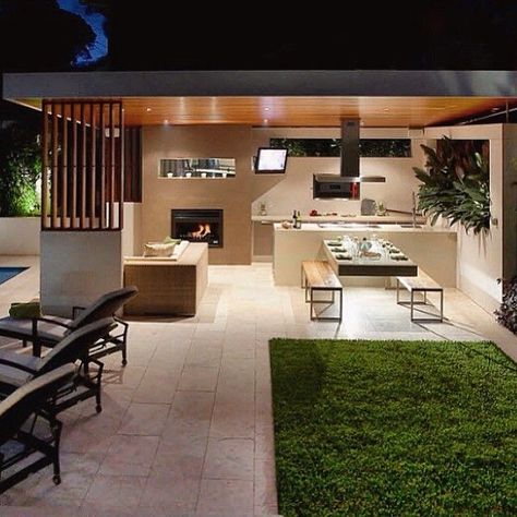 Outdoor Living Kitchen, Modern Outdoor Kitchen, Outdoor Kitchen Decor, Backyard Pavilion, Outdoor Living Design, House Extension Design, Kitchen Patio, Kitchen Aesthetic, Outdoor Kitchen Patio