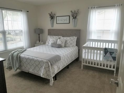 Nursery With A Bed In It, Parents Room With Crib, Cot In Bedroom, Small Bedroom Ideas With Crib, Bedroom With Crib And Bed Ideas, Mom And Son Shared Bedroom Ideas, Bedroom Ideas With Crib, Newborn Shared Room With Parents, Nursery In Bedroom Small Spaces