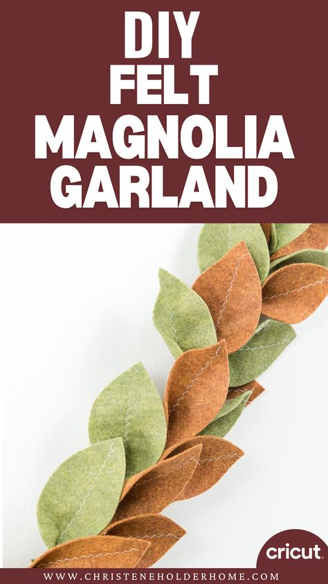 Decorate your home with this gorgeous felt magnolia garland, made effortlessly with your Cricut! Perfect for adding a soft, elegant touch to your Christmas decor. Felt Garland Diy, Felt Christmas Garland, Felt Garlands, Magnolia Christmas, Magnolia Garland, Diy Christmas Garland, Felt Leaves, Simple Christmas Decor, Diy Felt