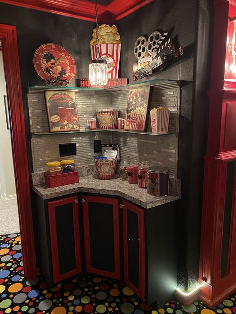 Room Movie Theater Ideas, Candy Bar Ideas For Home Theater, Small Movie Theatre Room Ideas, Indoor Movie Theater Diy, Movie Theme Basement Ideas, Snack Station Basement, Movie Theater Ideas At Home, Movie Themed Family Room, Movie Themed Basement