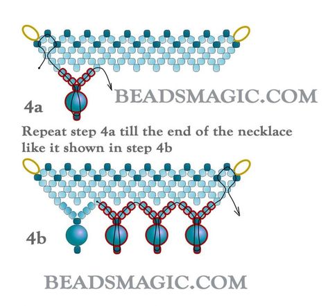 Free beading pattern for necklace Pearlescent Blue | Beads Magic Beaded Netted Necklace Patterns, Free Necklace Patterns, Diy Necklace Patterns, Free Beading Tutorials, Beads Magic, Beaded Necklace Tutorial, Beading For Kids, Beaded Necklace Patterns, Beading Netting