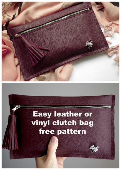 FREE sewing pattern and tutorial for how to sew this zipper clutch bag from leather or vinyl. Ideal for recycling old leather from a coat or skirt to make a simple leather bag. Free zipper bag sewing pattern. #FreeSewingPattern #SewingForFree #EasySewingPattern #QuickSewingPattern #ClutchBagSewingPattern #SewAClutchBag #SewModernBags Diy Leather Wristlet, Leather Craft Projects Free Pattern, Diy Leather Clutch Bag, Leather Wristlet Pattern, Easy Leather Bag Pattern, Leather Clutch Pattern, Clutch Purse Pattern Free, Diy Leather Clutch Free Pattern, Leather Pouch Diy