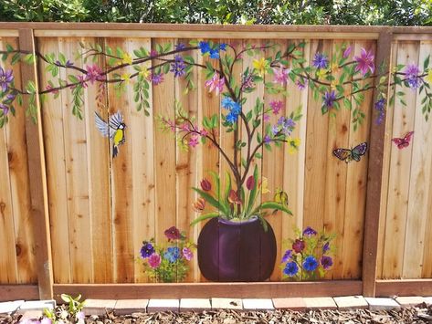 Paint Fence Ideas Backyards, Exterior Murals, Garden Fence Art, Garden Mural, Fence Art, Flowers Painted, Wall Murals Painted, Fence Paint, Fence Decor