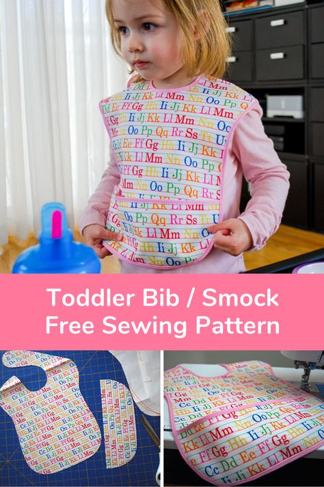 Sew this toddler bib / art smock for growing kids! This free sewing pattern printable and DIY tutorial is easy for beginners to sew for older babies and toddlers. This large bib features an optional deep pocket to catch spills. Download this free toddler bib pattern to see how to make it yourself from fabric or hand towels! #sewing #bib   #toddler #sew #DIY #freepattern #pattern #printable #sewingpattern #bibs #toddler #sewingforkids Toddler Bibs Pattern, Baby Bibs Patterns Free, Cute Diy Gifts, Toddler Bib, Toddler Patterns, Trendy Sewing Patterns, Baby Bibs Patterns, Toddler Bibs, Martha Stewart Crafts