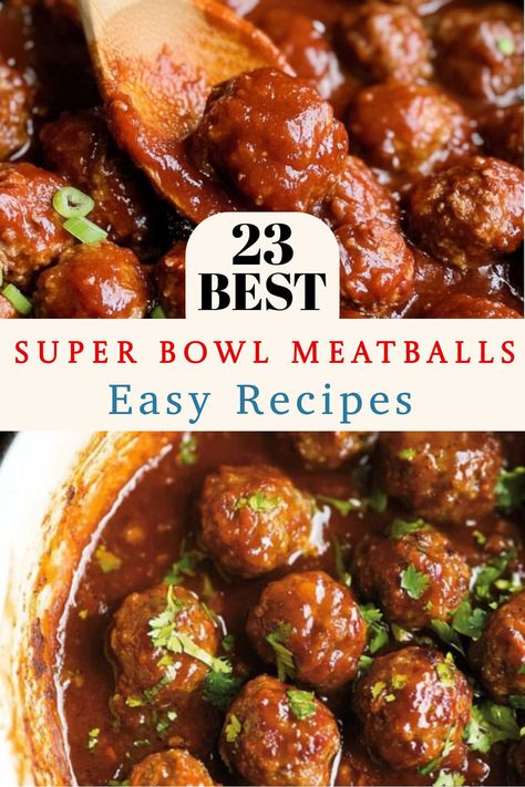 This image showcases deliciously glazed meatballs, perfect as **Super Bowl meatballs appetizers** or **game day snacks meatballs**. They are served in a rich sauce and garnished with herbs, ideal for quick and easy **Super Bowl party appetizers** or slow cooker recipes like **crock pot meatballs**. Party Meatballs Crockpot, Super Bowl Meatballs, Game Day Meatballs, Appetizers Game Day, Meatball Appetizer Crockpot, Super Bowl Party Food Ideas, Super Bowl Party Food, Party Meatballs, Meatballs Recipes