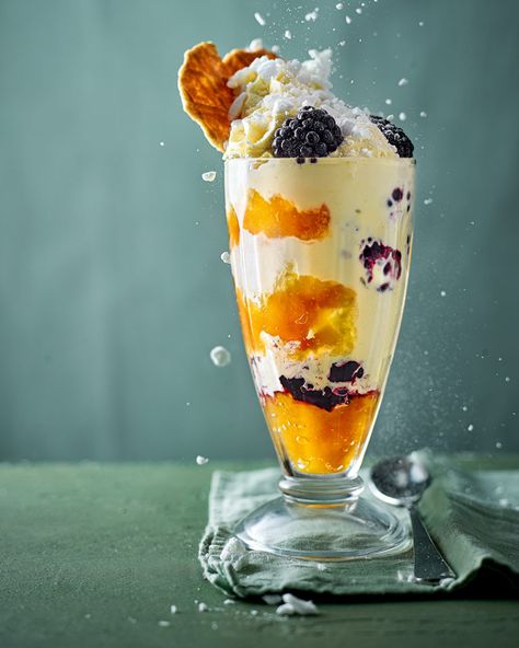 Peach and blackberry knickerbocker glory - delicious. magazine Recipes For One Person, Knickerbocker Glory, Meal For One, Hazelnut Meringue, Dinner Recipe Ideas, Ginger Ice Cream, Dark Chocolate Recipes, Retro Desserts, Recipes For One