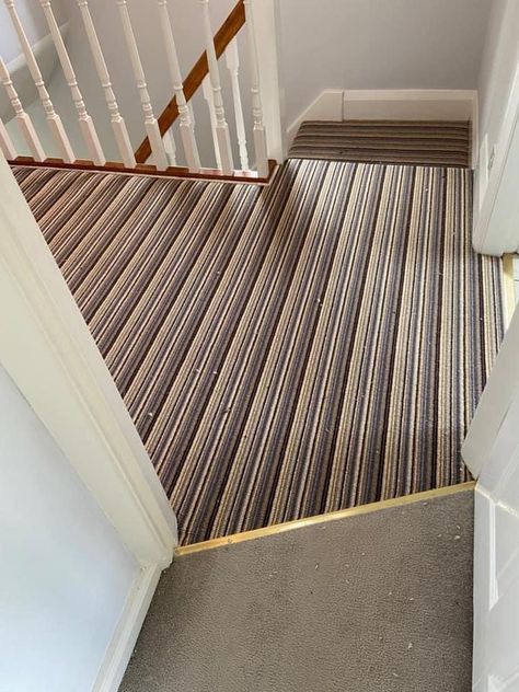 Striped Carpet Bedroom, Striped Carpet On Stairs, Striped Hallway Carpet, Stripped Hall Rugs Colourful, Herringbone Stair Carpet Uk, Striped Carpets, Carpet Colors, Stairs, Carpet