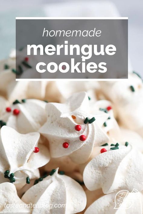 Crunchy, light and sweet, these classic Meringue Cookies only take 5 ingredients and are perfect for your holiday cookie plates. #recipe #meringue #cookies #holiday Cranberry Orange Cookies, Holiday Entertaining Food, Cookies Holiday, Gooey Cookies, Cocoa Cookies, Holiday Favorite Recipes, Meringue Cookies, Sweet Recipes Desserts, Cookie Calories