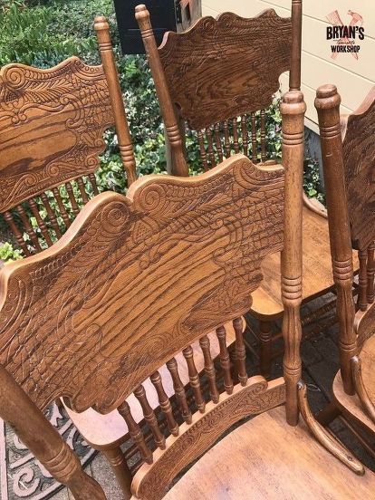 Oak pressed back chairs are rare to find in Japan...unless you're my wife. She found four of these bad boys for only $20. I can't believe these were only 5 bucks each. This is how she painted them using Annie Sloan old white chalk paint. These are the finished chairs! These are the chairs before. Check out those chair backs! Gather Your Materials Annie Sloan chalk paint Paint brush Sandpaper Tape Wax We started with Annie Sloan chalk paint. Annie Sloan has started maki… Kitchen Table And Chairs Makeover, Pressed Back Chairs, Dining Room Furniture Ideas, Wooden Chair Makeover, Chalk Paint Chairs, Room Furniture Ideas, Chalk Paint Makeover, Annie Sloan Old White, Hutch Makeover