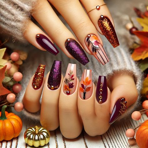 A stunning set of coffin-shaped wedding nails inspired by the fall season, featuring rich colors like deep plum, burnt orange, and golden shimmer. The design includes intricate details such as tiny leaf embellishments, subtle marbling, and glitter accent nails, with a mix of glossy and matte finishes Thanksgiving Nail Designs Stiletto, Fall Nail Designs Floral, Cute Fall Coffin Nails, Gold Fall Nail Designs, Plum Fall Nails Design, Fall Nail Designs November, Burgundy And Orange Nails, Autumn Nails Purple, Purple Western Nails