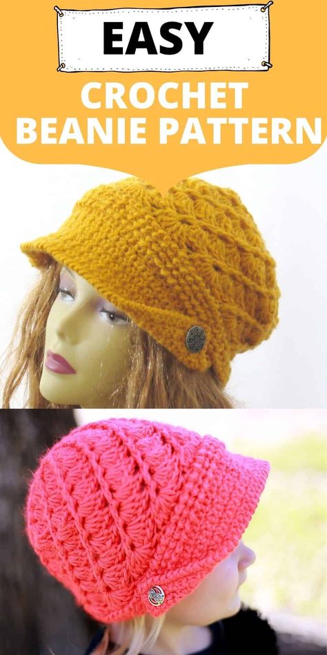 This crochet newsboy hat is the perfect winter accessory to add to your wardrobe. The hat comes in sizes baby, toddler, child to adult women. It is embellished with buttons and a newsboy style brim. This easy and quick pattern will look great on any girl. #crochet, #crochethat, #crochetadulthat, #crochetnewsboyhat, #crochetbeanie Free Crochet Hat With Brim Patterns For Women, Crochet Hats With Brim, Crochet Newsboy Hat Free Pattern, Kids Crochet Hat, Crochet Headwear, Crochet Baby Cap, Crochet Newsboy Hat, Crochet Adult Hat, Crochet Hat With Brim