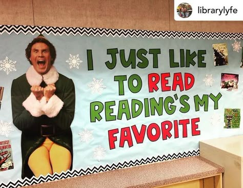 Christmas Library Door Ideas, Christmas Reading Bulletin Board, Christmas Library Displays Ideas, Winter Library Display Ideas, Holiday Book Display, Library Christmas Door Decorations, December Book Displays, December Library Bulletin Boards, December Library Displays