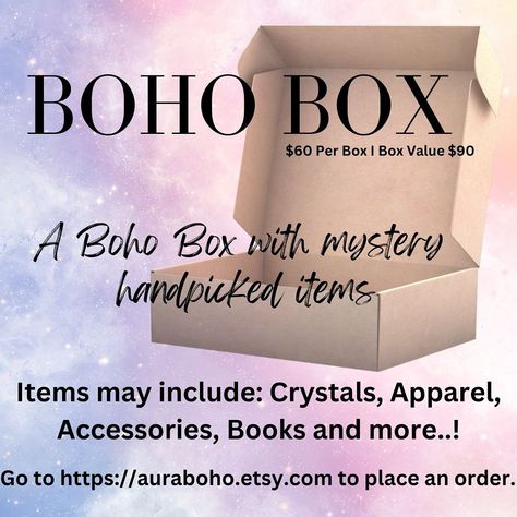 Introducing the Boho Box! $90 value for only $60 ! Get a selection of handpicked items from our shop at an affordable rate. Believe in the magic of the mystery and enjoy your gain. ✨ #mystery #mysterybox #auraboho #boho #witch #witchaesthetic #crystalhealing #Smallbusiness #supportsmallbusiness Spell Kits, Boho Witch, W.i.t.c.h Aesthetic, Believe In The Magic, Painted Hats, Earrings Accessories, Mystery Box, Beauty Book, Crystal Healing