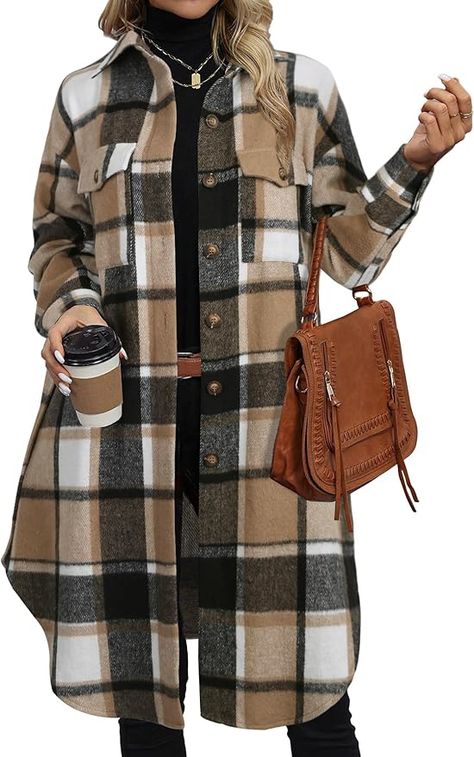 Plaid Jacket Outfits For Women, Shaket Jacket Outfit Winter, Shaket Jacket Outfit, Womens Shacket, Long Flannel Shirt, Plaid Jacket Outfit, Long Flannel, Winter Jacket Outfits, Fall Winter Jacket