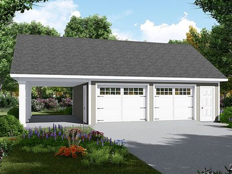 001G-0007: Two-Car Garage Plan Features Carport and Storage Closet House Plans With Carport, Plan Park, 3 Car Garage Plans, Detached Garage Designs, Garage Extension, 2 Car Garage Plans, Garage Plans Detached, Plan Garage, Carport Plans