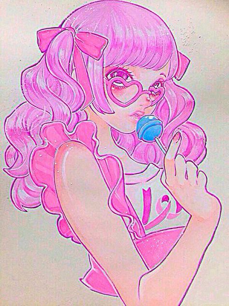 Girl with pink hair & wearing pink heart shaped sunglasses & holding a blue lollipop art Holding Lollipop, Lollipop Art, Blue Lollipop, Lollipop Girl, Pastel Fairy, Pastel Goth Art, Girl With Pink Hair, Fairy Hair, Hair Drawing