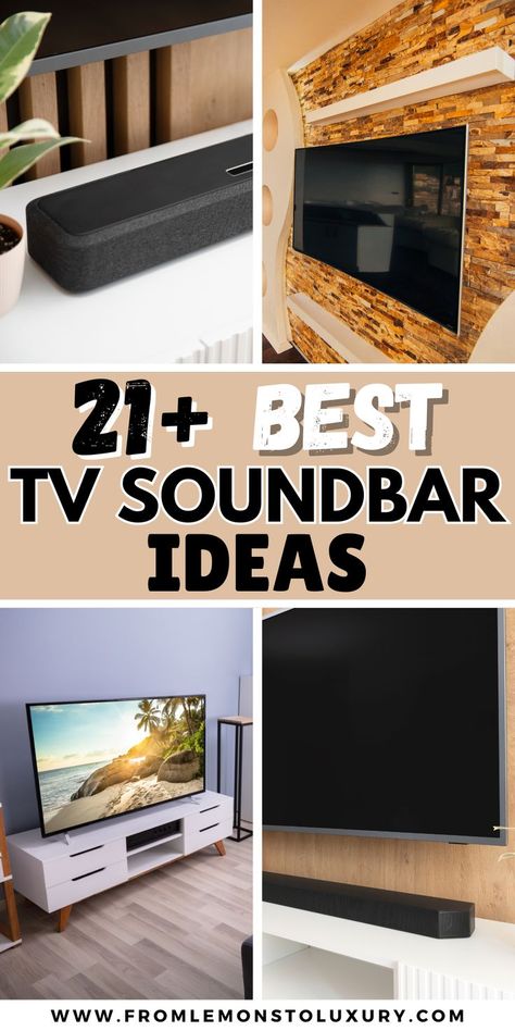 tv sound bar ideas Tv With Sound Bar On Wall Living Room, Tv With Sound Bar On Wall Bedroom, Mounted Tv And Sound Bar, Soundbar Ideas Living Rooms, Sound Bar Under Tv, Sound Bar Mounting Ideas, Soundbar Ideas, Surround Sound Living Room, Under Tv Ideas