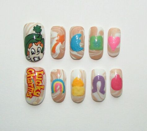 Lucky Charms Nail Art, Lucky Charm Nails, Lucky Charms Costume, Lucky Nails, Slay Nails, Charms Nails, Nail Pics, Lucky Charms Cereal, Finger Paint