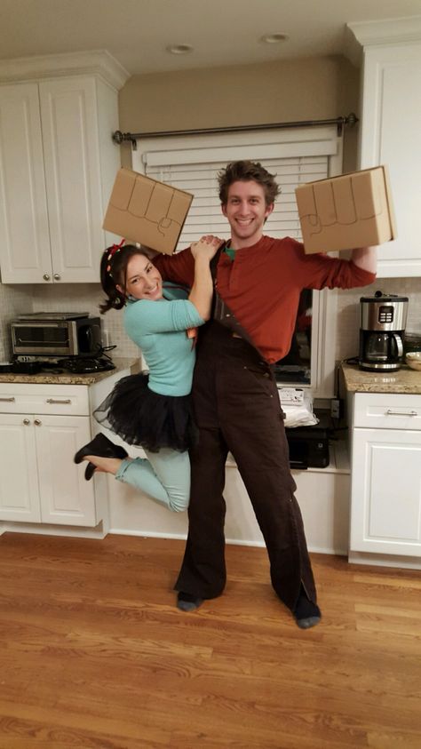 Wreck it Ralph and Vanellope Von Schweetz Halloween costumes! Vanellope Von Schweetz And Ralph, Ralph And Penelope Costume, Halloween Costumes Wreck It Ralph, Vanellope Costume Diy, Wreck It Ralph Couple Costumes, Vanellope Halloween Costume, Vanellope Von Schweetz Makeup, Diy Wreck It Ralph Costume, Wreck It Ralph And Vanellope Costume