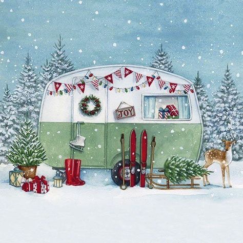 Christmas Camper, Napkins Christmas, Camper Art, Napkin Decoupage, Paper Napkins For Decoupage, Decoupage Napkins, Glue Book, Winter Camping, Party Napkins