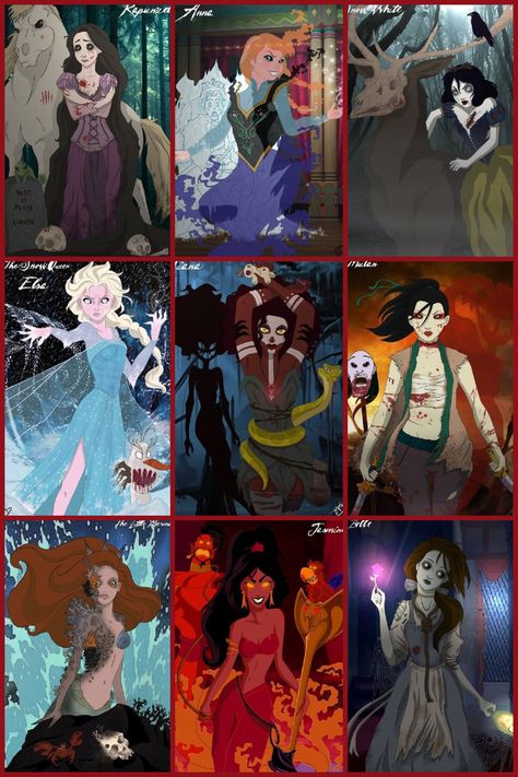 What if Ariel lost her deal with the witch? If Jasmine got stuck with Jafar? If Elsa gone bad? If Anna got killed? If Rapunzel couldn't save Eugene? If Tiana went with the Dark Arts? If Mulan went with the Huns? If Snow White got killed by the Huntsman? If Belle got hung for loving the Beast? Evil Disney Princesses, Creepy Disney, The Huns, Dark Disney Princess, Dark Disney Art, Zombie Princess, Twisted Disney Princesses, Humor Disney, Goth Disney