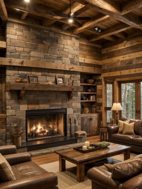 Timeless Elegance: Reviving Traditional Living Room Décor | aulivin.com Modern Traditional Living Room, Log Home Interiors, Cabin Living Room, Garden Home Decor, Rustic Fireplaces, Decorating Home, Home Decor Ideas Living Room, Rustic Kitchen Design, Rustic Farmhouse Kitchen