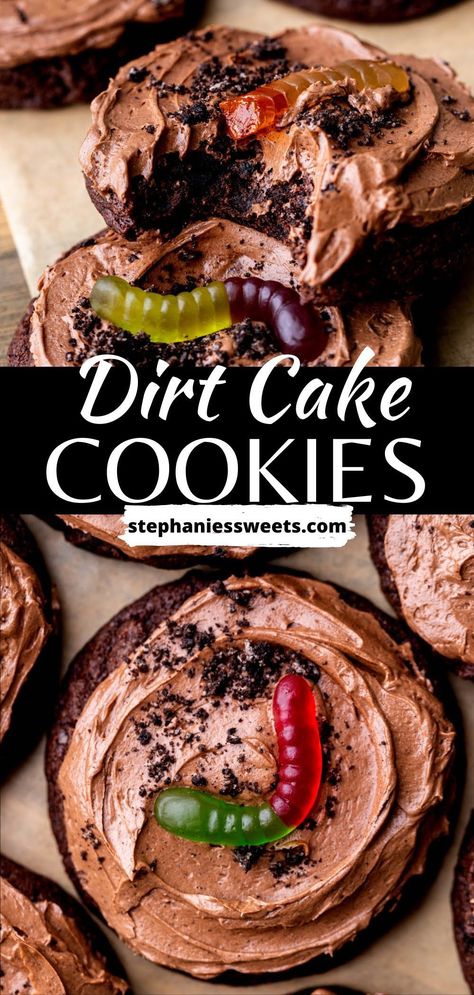 These dirt cake cookies are a fun take on a classic treat. They are chocolate Oreo cookies topped with chocolate frosting and Oreo crumbs with a gummy worm on top. They are easy to make cookies that are super chewy. Dirt Cookie Recipe, Dirt And Worms Cookies, Dirt Cake Crumbl Cookies, Dirt Cake Cupcakes, Halloween Cookie Flavors, Fun Cookie Flavors, Crumbl Cookies Recipes, Mini Cookie Cakes, Crazy Cookie Recipes