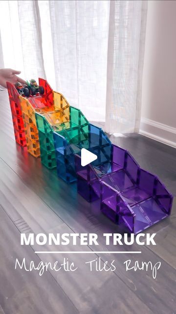 Building With Magnetic Tiles, Diy Monster Truck Ramps, Monster Truck Tracks Diy, Monster Truck Organization, Monster Truck Craft, Magnatiles Ramp, Monster Truck Storage Ideas, Monster Truck Activities, Magnet Tiles Building Ideas