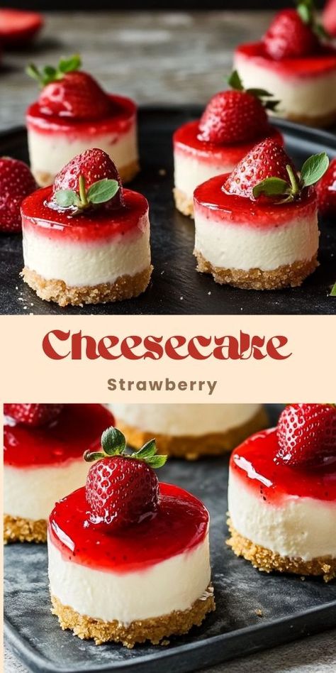 Mini Strawberry Cheesecakes Ingredients For the crust: 6 whole graham cracker rectangles (about 1 cup crumbs) 3 tablespoons unsalted butter, melted For the cheesecake batter: 2 x 8-ounce packages cream cheese, room temperature 1/2 cup granulated sugar 1/2 cup heavy whipping cream 2 tablespoons cornstarch 1 large egg, room temperature 2 teaspoons fresh lemon juice #Strawberry #Cheesecake Mini No Bake Cheesecake, Cheesecake Cups Recipe, Strawberry Cheesecakes, Mini Strawberry Cheesecake, Mini Cheesecake Bites, Individual Cheesecakes, Mini Dessert Recipes, Strawberry Cheesecake Recipe, Baked Dessert