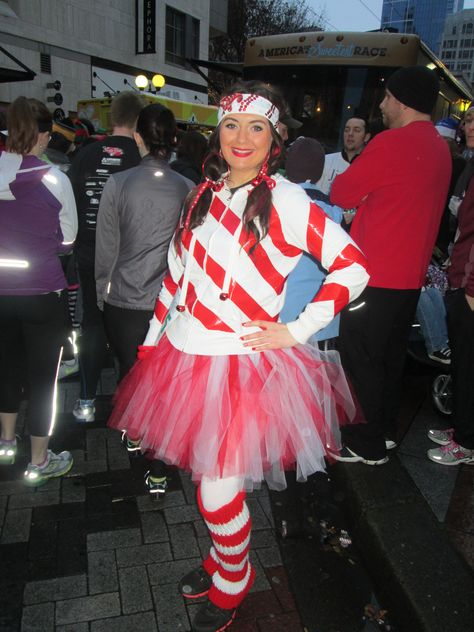 Candy cane costume jingle bell run Candy Lane Costumes, Candy Cane Spirit Day Outfit, Diy Candy Cane Costume, Diy Candy Cane Outfit, Dress Like A Candy Cane Day At School, Dress Like A Candy Cane, Candy Cane Outfit Women, Candy Cane Costume Diy, Candy Cane Day At School Outfits