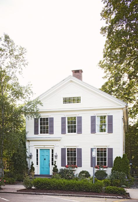 colonial-style-home-blue-door-purple-shutters-d6b85f63 Modern Exterior Paint Colors, Best Exterior House Paint, House Shutters, Exterior House Color, Colonial Style Homes, House Color Schemes, Exterior Color Schemes, Exterior Paint Colors For House, Front Door Colors