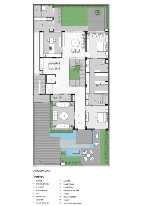 Residence 102/7 - Picture gallery 1 40×60 House Plans, House Plan With Courtyard, Courtyard Residence, Residence Plan, Indian House Plans, Indian House, Courtyard House Plans, Indian Home Design, Small House Floor Plans