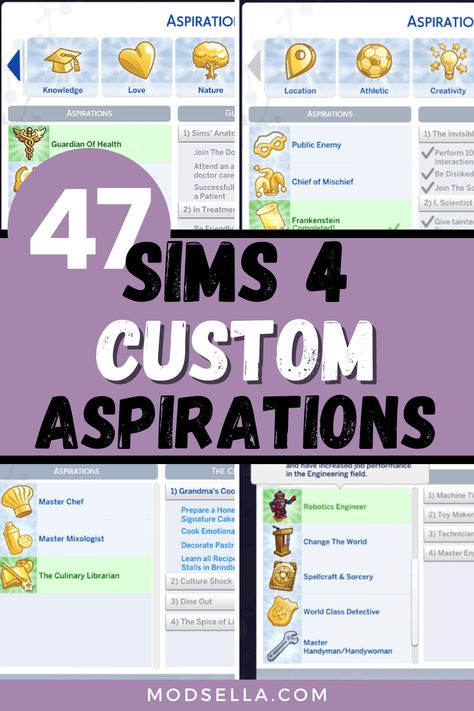 Are you looking to add a fresh twist to your Sims' lives in "The Sims 4"? Custom aspirations can be the perfect way to inject new challenges, goals, and fun into your gameplay. From the Ts4 Aspirations, Aspirations Sims 4, Sims 4 Cc Aspirations, Sims Aspirations, Sims 4 Aspirations Cc, Sims Traits, Sims 4 Jobs, Sims Challenge, Uncharted Territory