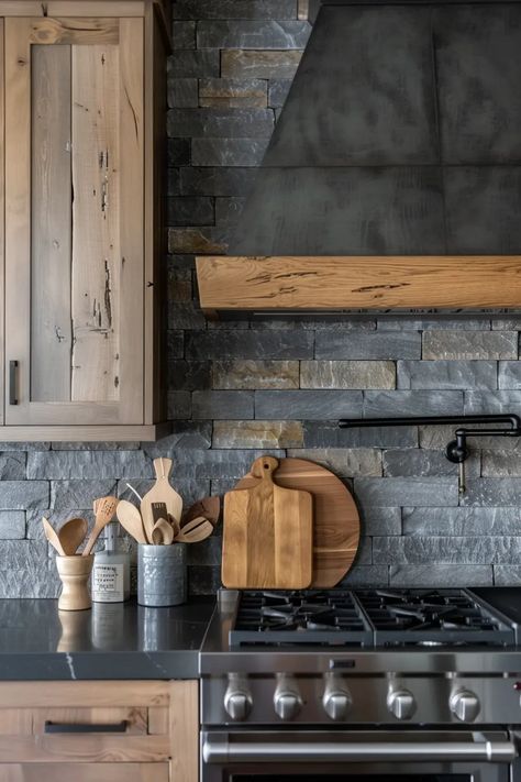 🌼 Trending Kitchen Backsplash Designs | VIVA Slate Grey Countertops, Stone Backsplash Kitchen Rustic, Cabnits Kitchen, Slate Backsplash, Kitchen Backsplash Trends, Stone Backsplash Kitchen, Timeless Farmhouse, Butcher Block Kitchen, Grey Countertops