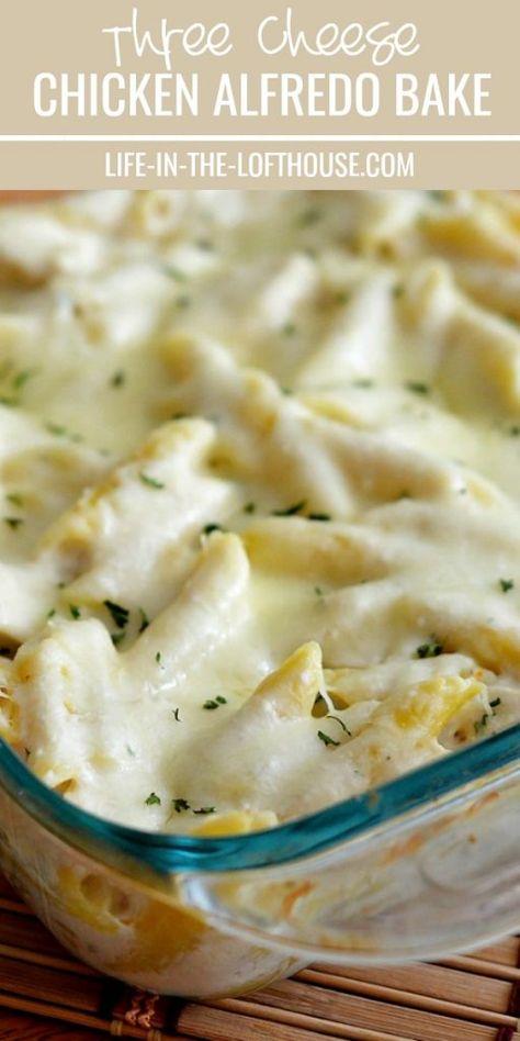 This Three Cheese Chicken Alfredo Bake is cheesy, creamy heaven with Ricotta, Parmesan and Mozzarella cheese. Life-in-the-Lofthouse.com Fettucini Alfredo Recipe, Homemade Chicken Alfredo, Baked Chicken Alfredo Pasta, Fettucini Alfredo, Chicken Alfredo Casserole, Alfredo Bake, Chicken Alfredo Bake, Chicken Fettuccine Alfredo, Chicken Alfredo Recipes