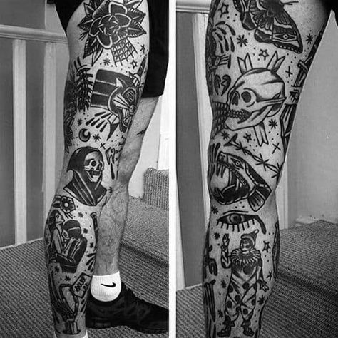 Gentleman With Full Leg Sleeve Traditional Tattoos Traditional Tattoo Leg Sleeve, Traditional Tattoo Filler, Traditional Tattoo Man, Neotraditional Tattoo, Full Leg Tattoos, Skull Sleeve Tattoos, Tattoo Leg, Tattoo Old School, Traditional Tattoo Sleeve