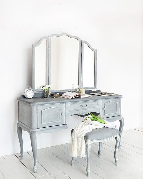 Custom Chalk Paint® decorative paint by Annie Sloan vanity dresser and mirror by Redesign by Agnieszka | Graphite, Old White, and Paris Grey Old Dressing Table Makeover, Dressing Table Makeover, Old Dressing Table, Consul Table, Triple Mirror, Annie Sloan Paris Grey, Ikea Mirror, Vanity Makeover, Bedroom Furniture Makeover