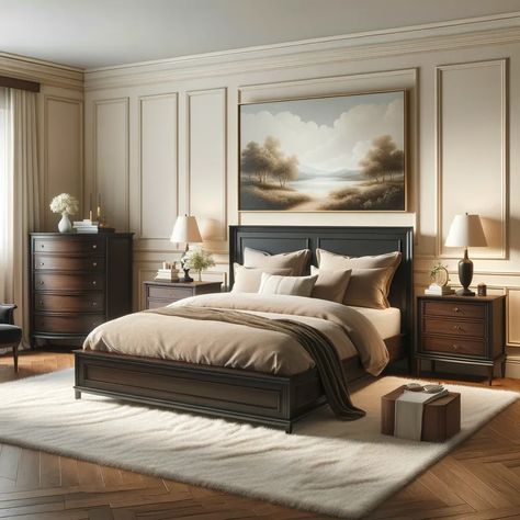 Dark Furniture Aesthetic Bedroom, Bedroom Decor Ideas With Dark Furniture, Bedroom Colors Dark Furniture, Bedroom Paint With Dark Furniture, Transitional Bedroom Dark Furniture, Mahogany Bedroom, Bedroom Color Schemes With Walnut Furniture, Bedroom Decor Dark Furniture, Light Airy Bedroom With Dark Furniture