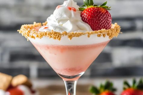 Strawberry Shortcake Martini Recipe - A Sweet and Creamy Dessert Cocktail Strawberry Shortcake Martini, Strawberries And Cream Cocktail, Martini With Vanilla Vodka, Strawberries And Cream Recipe, Strawberry Martini, Strawberry Liqueur, Strawberry Cocktails, Irish Cream Liqueur, Martini Recipe