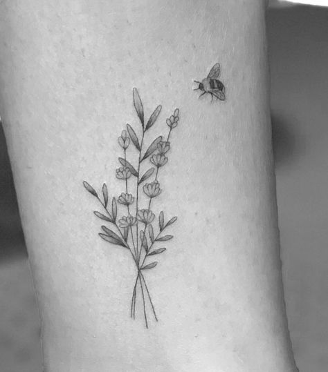 Things To Tattoo, Bee And Flower Tattoo, Small Bee Tattoo, Tattoo Over Scar, Bumble Bee Tattoo, Tattoos To Cover Scars, Lavender Tattoo, Wildflower Tattoo, Beautiful Flower Tattoos