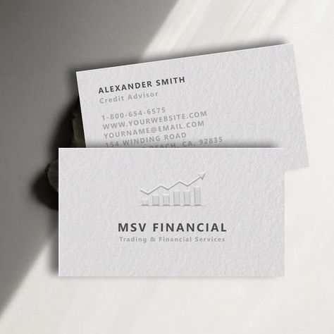 Trader Dealer Faux Embossed Modern Professional Business Card Elegant Business Cards Design, Stock Broker, White Business Card, Minimalist Business Cards, School Notebooks, Elegant Business Cards, Paper Background Texture, Credit Repair, Services Business