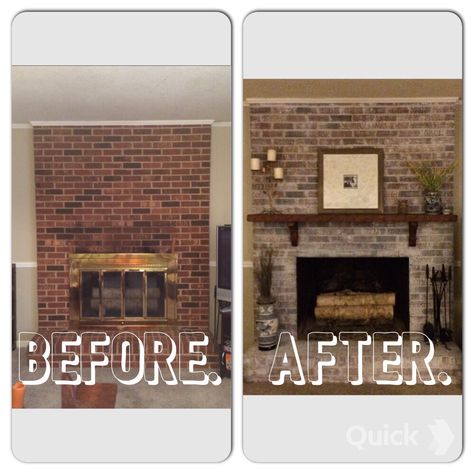 Lighten Brick Fireplace, Before After Fireplace, Before And After Brick Fireplace, Whitewash Brick Fireplace Before After, Brick Fireplace Before And After, Fireplace Before And After Brick, Red Brick Fireplace Decor, Ranch House Remodel Before And After, Fireplace Makeover Diy