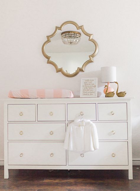 Beautiful Pastel and Gold Nursery - Inspired By This Light Pink And Gold Nursery, Pink Swan Nursery, Baby Girl Nursery Pink And Gold, Swan Nursery Theme, White And Gold Nursery, Princess Nursery Theme, Apartment Upgrades, Swan Nursery Decor