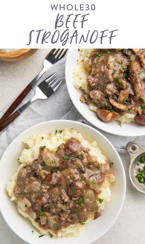 This Whole30 ground beef stroganoff is a paleo take on the comforting classic! Ground beef and mushrooms in a creamy gravy are spooned over mashed potatoes for a homey meal the whole family will love. #whole30 #beef Ground Beef Whole 30, Beef Whole 30 Recipes, Whole30 Ground Beef, Whole30 Ground Beef Recipes, Whole30 Beef, 40 Aprons, Over Mashed Potatoes, Beef Stroganoff Easy, Ground Beef Stroganoff