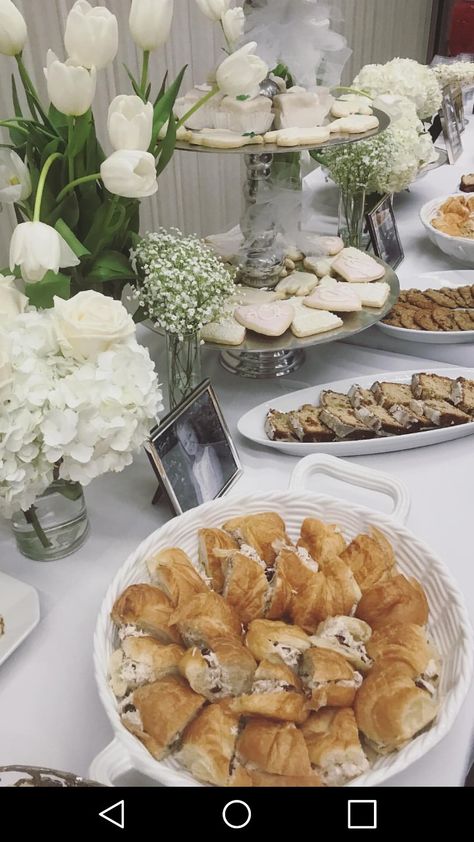 Baptism food spread idea. Lds Baby Blessing Luncheon, Food Spread Table Party Ideas, Baby Shower Spread, Baby Shower Food Spread, Baptism Brunch Ideas, Baptism Luncheon Ideas, Baby Blessing Luncheon, Baptism Food Ideas, White Table Scape