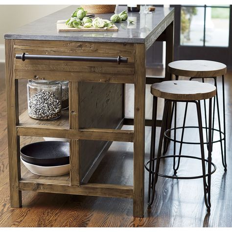 Bluestone Reclaimed Wood Large Kitchen Island | Crate and Barrel Kitchen Isle With Table, Open Island Storage, Islands For Small Kitchens With Seating, Kitchen Counter Styling Table & Bar Stools, Freestanding Island Kitchen, Open Kitchen Island With Seating, Rustic Kitchen Island Ideas With Seating, Temporary Kitchen Island, Narrow Kitchen Island With Storage