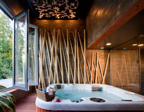 Jacuzzi Room, Indoor Jacuzzi, Indoor Spa, Outdoor Bathroom Design, Folding Glass Doors, Bamboo Decor, Bamboo Poles, Spa Interior, Bamboo Bathroom