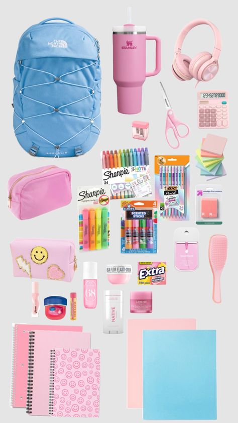 Back to school supplies!!!🩷🩵 Preppy Baskets, Preppy Back To School Supplies, 8th Grade Tips, Back To School Stuff, School Locker Organization, Back To School Accessories, Back To School Items, Middle School Essentials, School Backpack Essentials